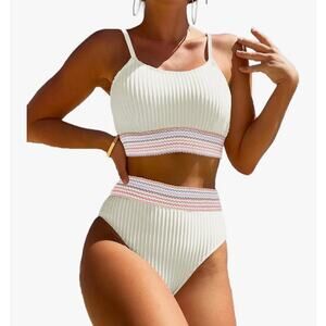 Zuvebamyo Women's Two Piece High Waist Bikini Swimsuit Set Rib White S Small NEW